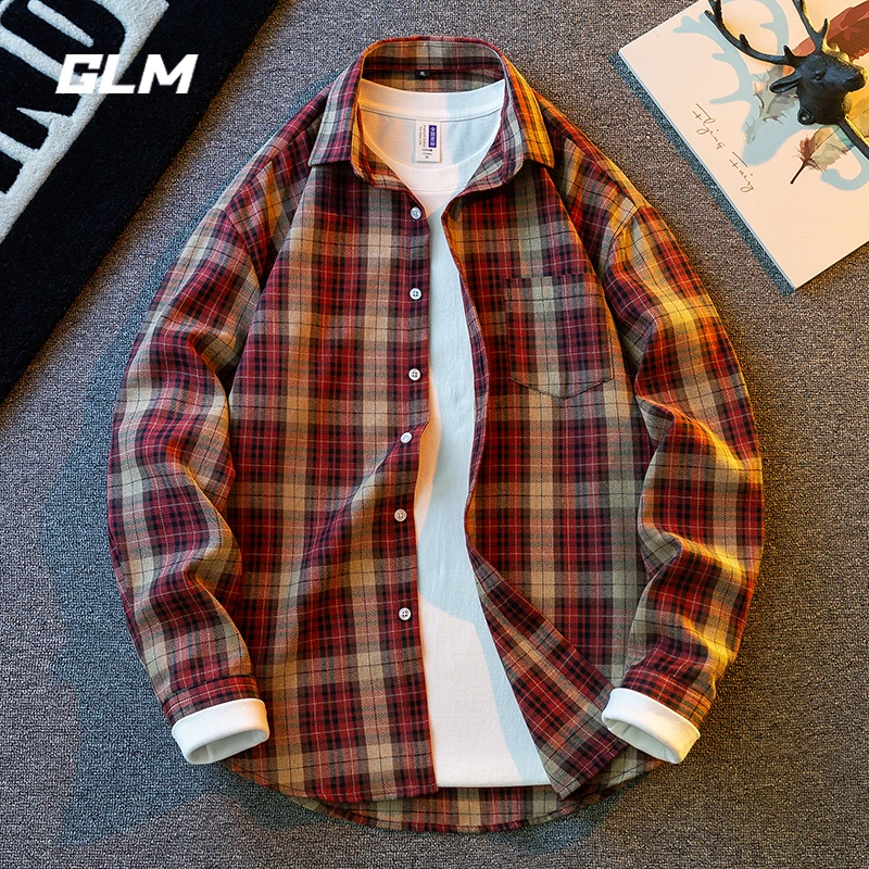 GLM夏季潮牌秋季日系格子寸衫复古美式休闲宽松长袖衬衫外套男