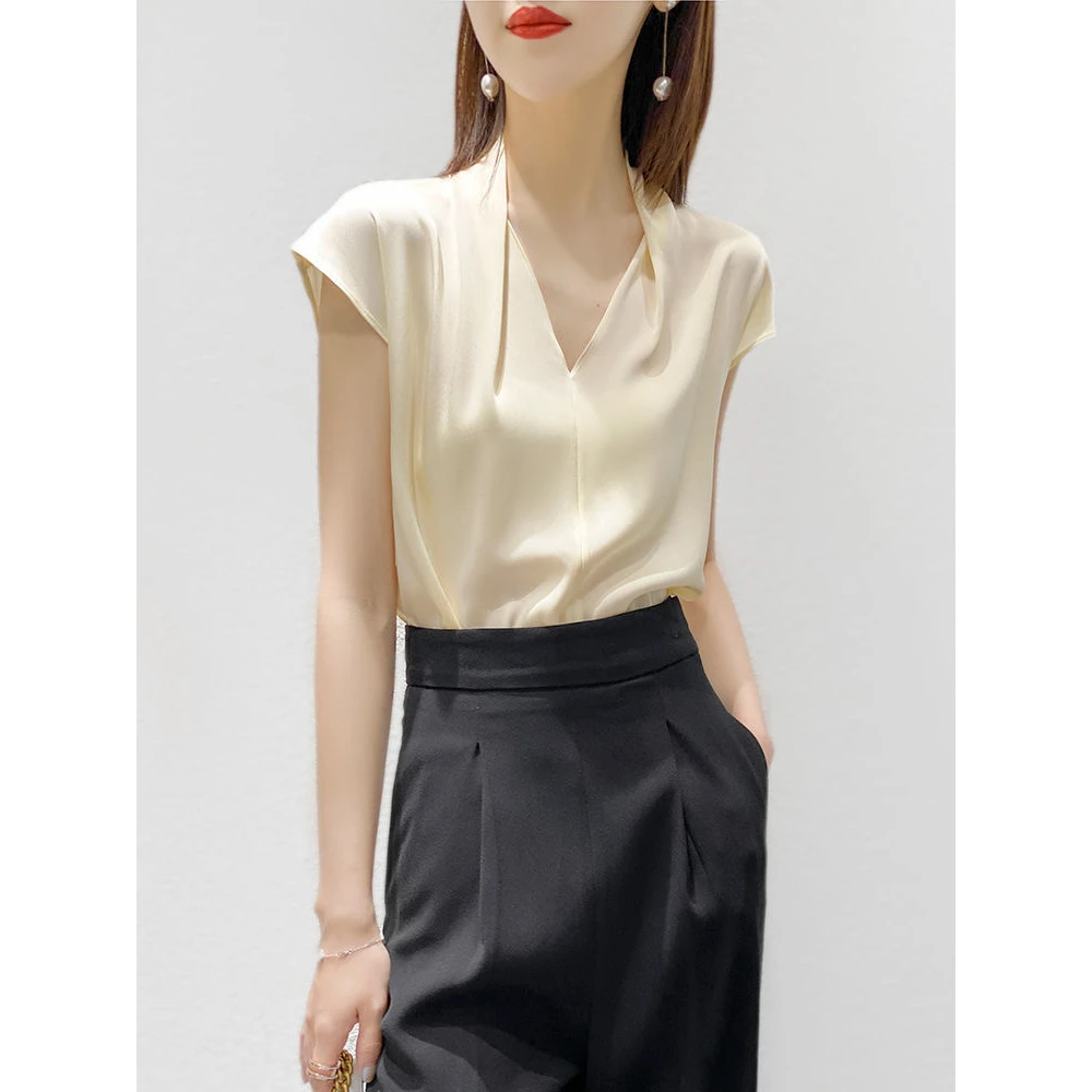 缎面衬衫女短袖2024新款夏季气质显瘦法式设计感V领外穿打底上衣