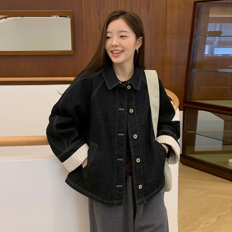 米鹿OUUR2024冬新款韩版宽松加厚棉牛仔外套小个子短款上衣57735