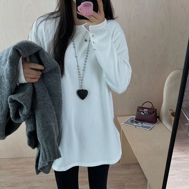 One家2024冬新款韩版宽松休闲百搭打底衫女磨毛显瘦长袖T恤23866