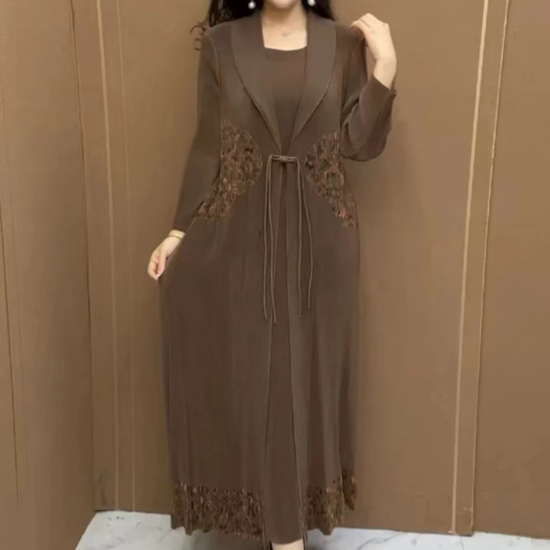 妈妈连衣裙假两件2024春季新款弹力大码修身显瘦婚宴褶皱长裙