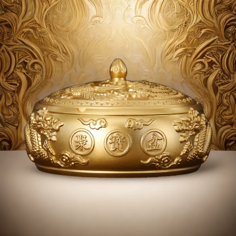 金色复古带盖龙凤高档烟灰缸可开盖家居办公室茶桌摆件烟灰缸家用