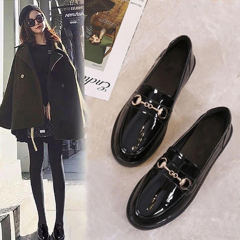 网红百搭春秋小皮鞋女鞋2024新款粗跟乐福鞋英伦风平底单鞋豆豆鞋