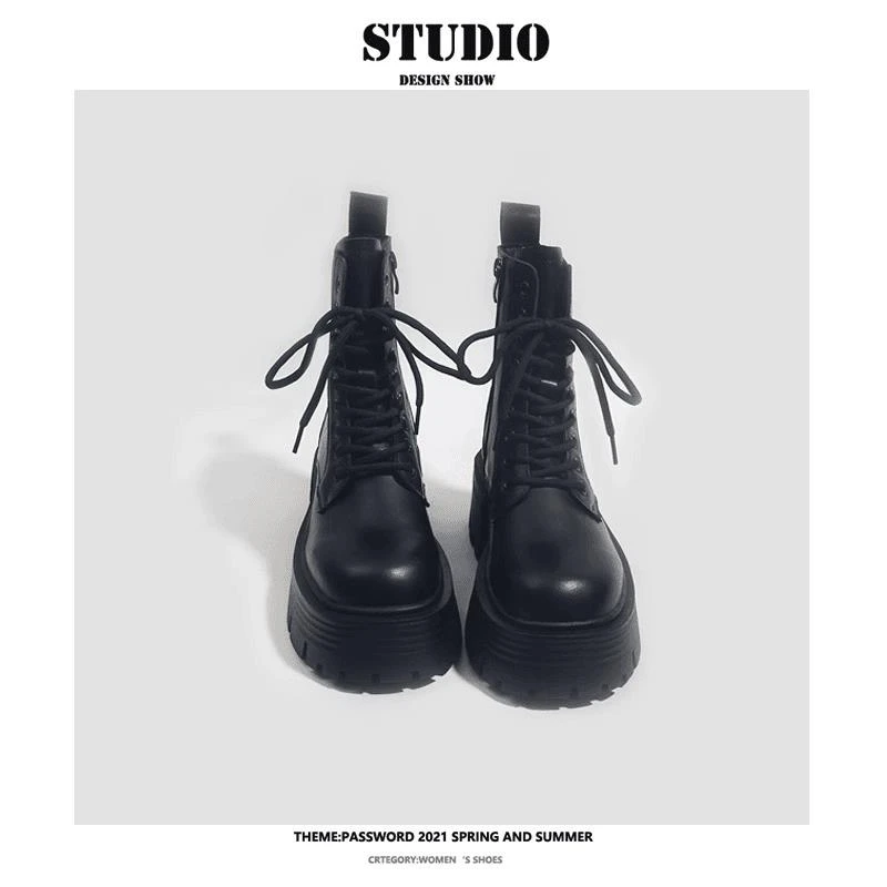 厚底马丁靴女2024春秋季新款黑色大头皮鞋百搭英伦风短筒系带短靴
