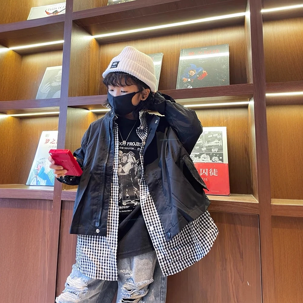 男童外套衬衫式假两件夹克衫炸街洋气童装春秋中大童休闲高智淡人
