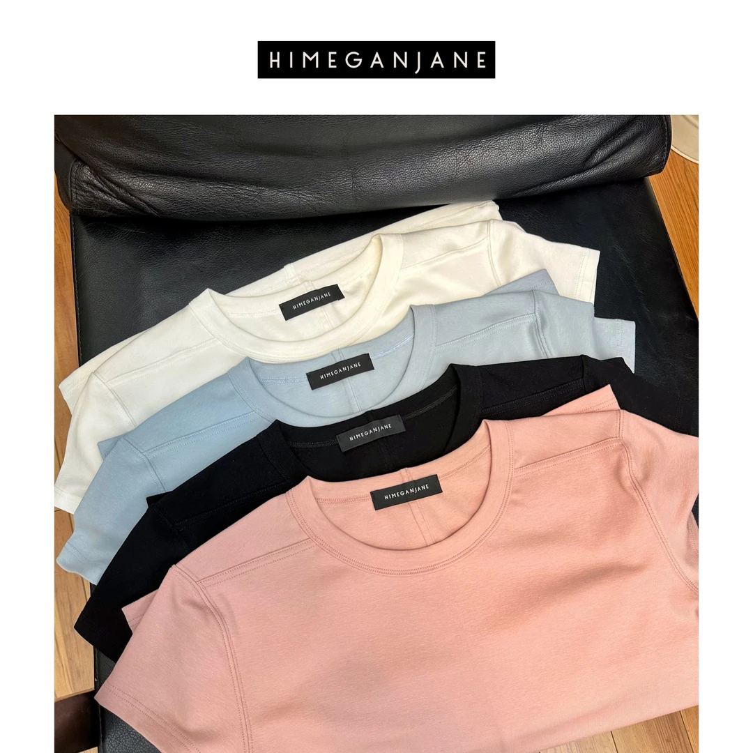 HIMEGANJANE “暴瘦T”显瘦简约纯色圆领夏季休闲百搭短袖T恤02458