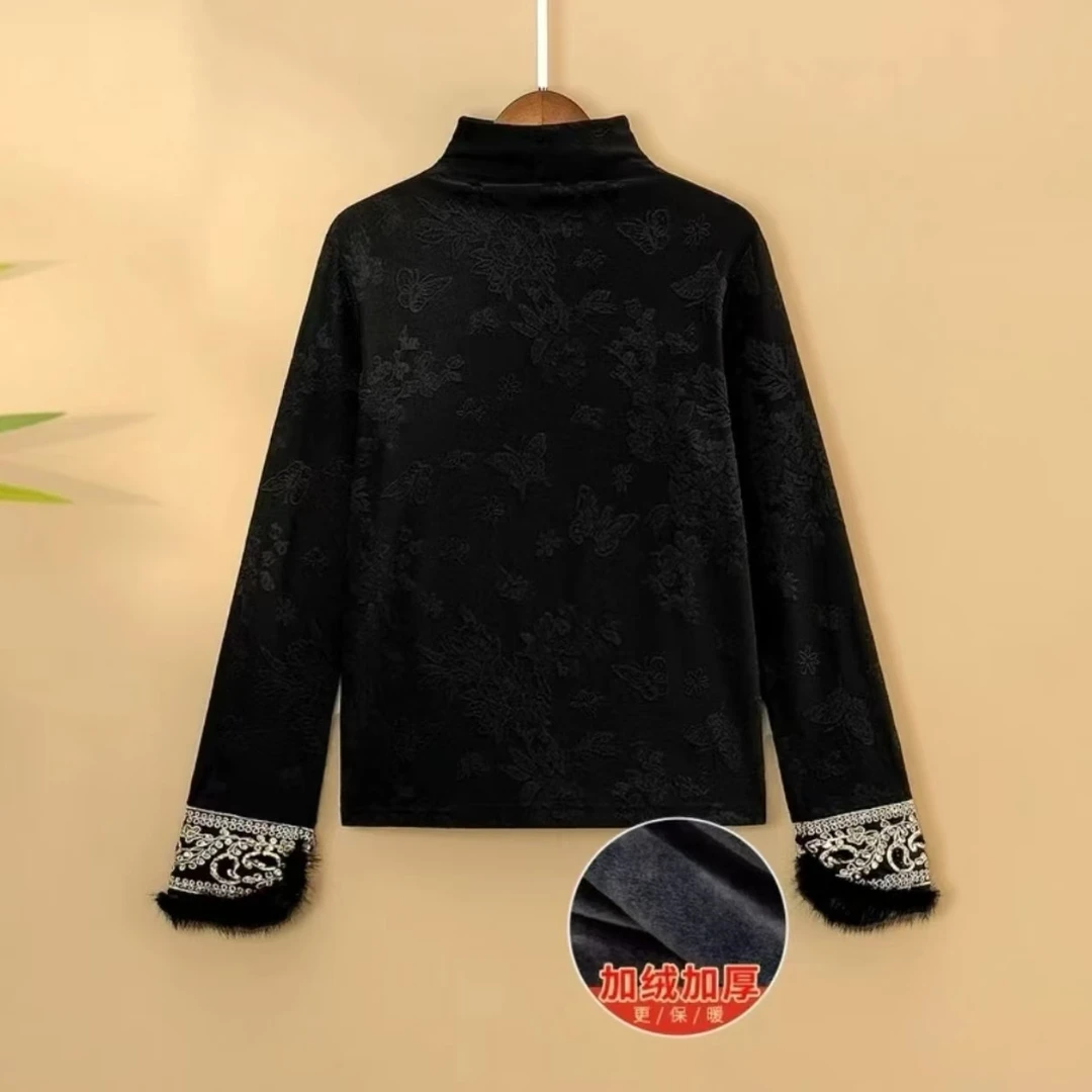 2024秋冬加绒加厚打底上衣高领绣花长袖T恤女