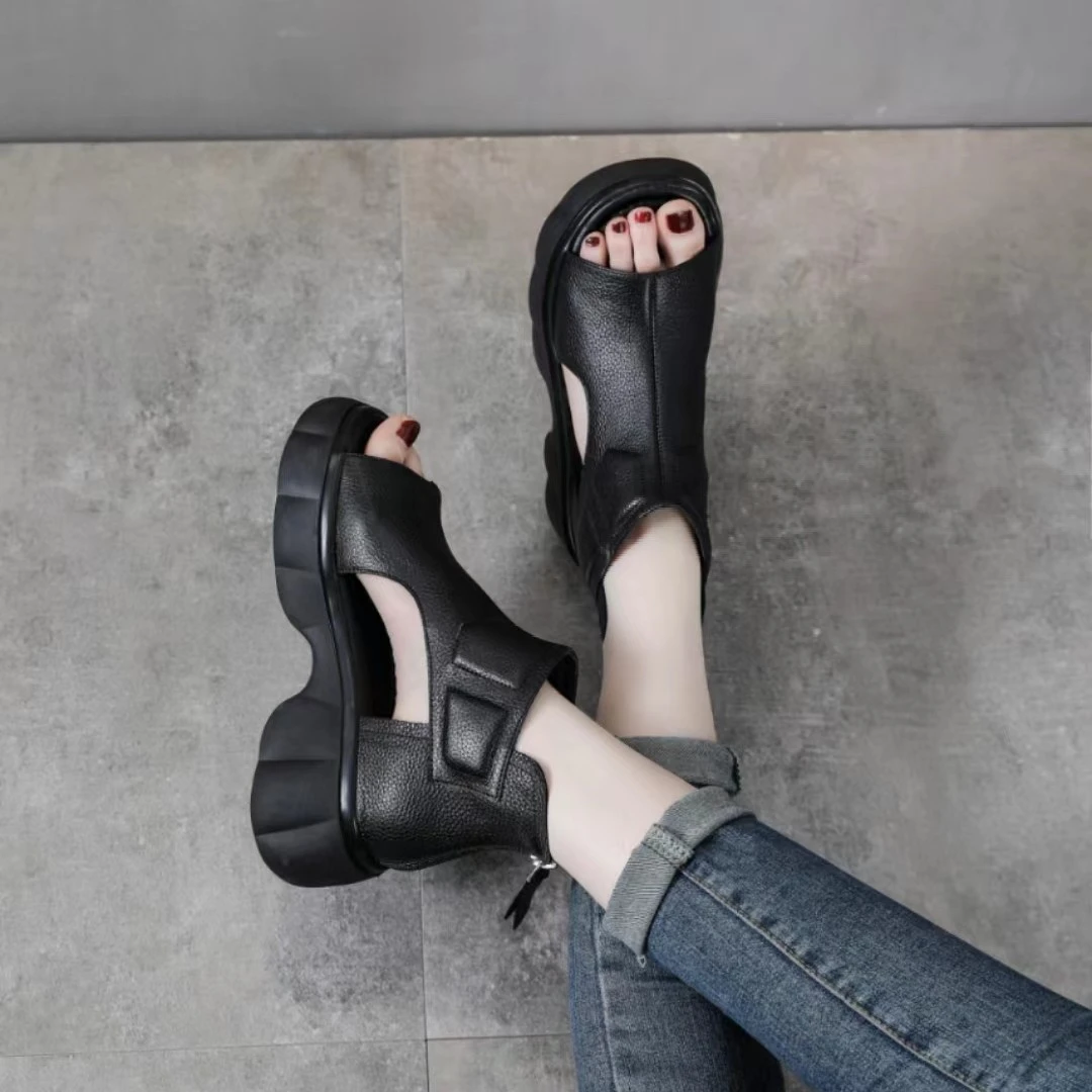 【断码清货】跟高6CM 2024夏季时尚百搭厚底平底鱼嘴凉鞋女 2005