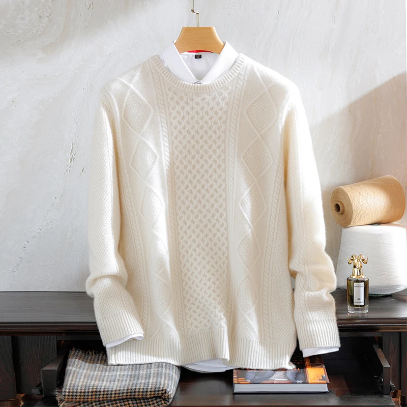 【不议价】男士纯山羊绒3股加厚550克圆领经典长袖扭花时尚套头绒衫