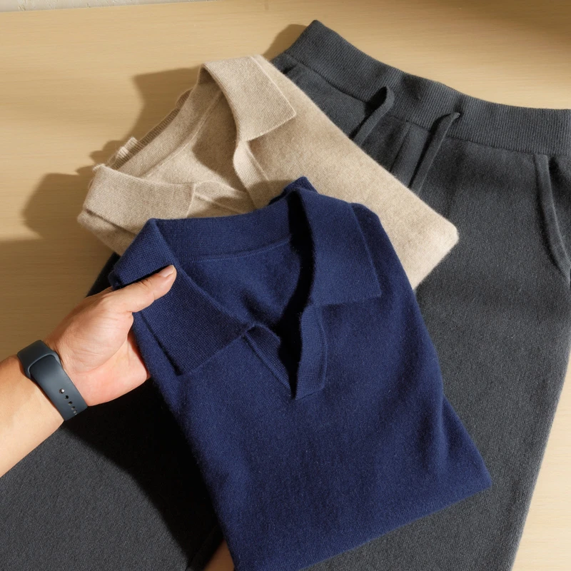 【上新特惠】男士纯山羊绒240克海鸥领半袖休闲上衣百搭纯色针织T恤
