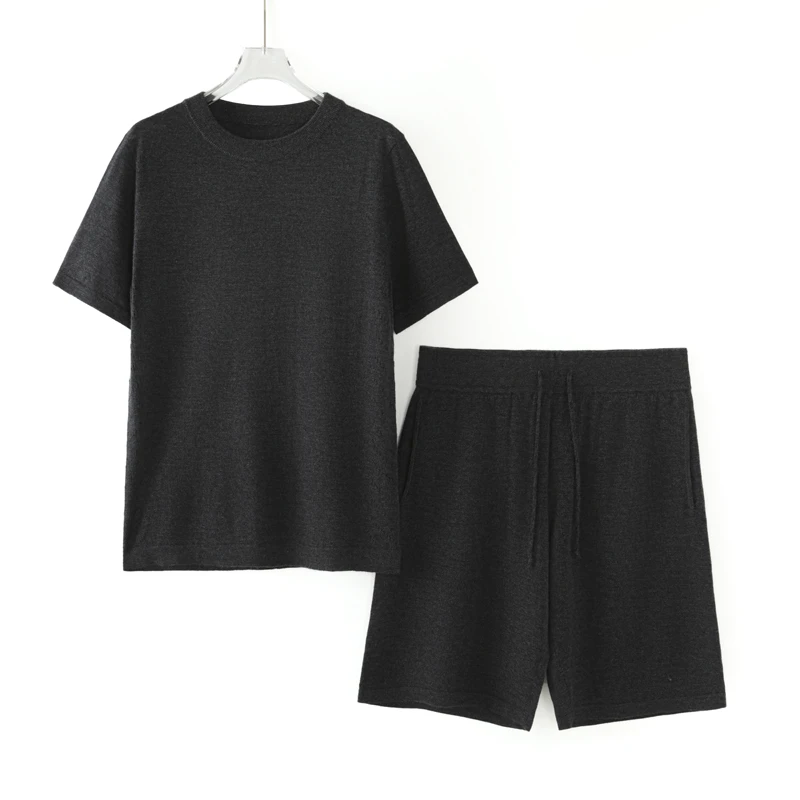 【不议价】男士68支3股精纺纯绒家居服运动风简约弹力短袖套装睡衣