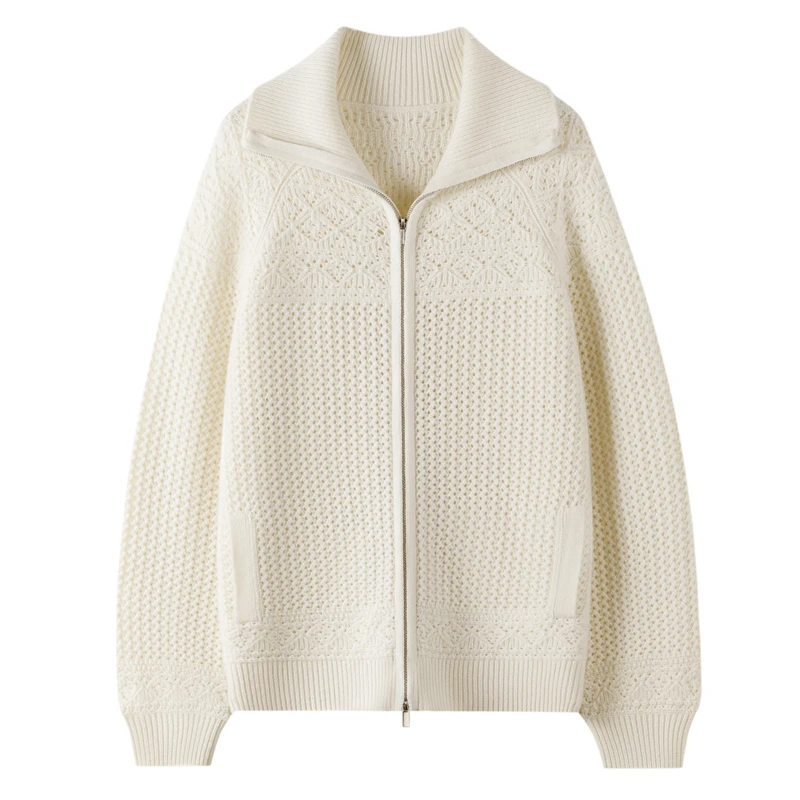 【LP同款】女士纯山羊绒700克长袖可翻高领5针四股镂空时尚百搭开衫