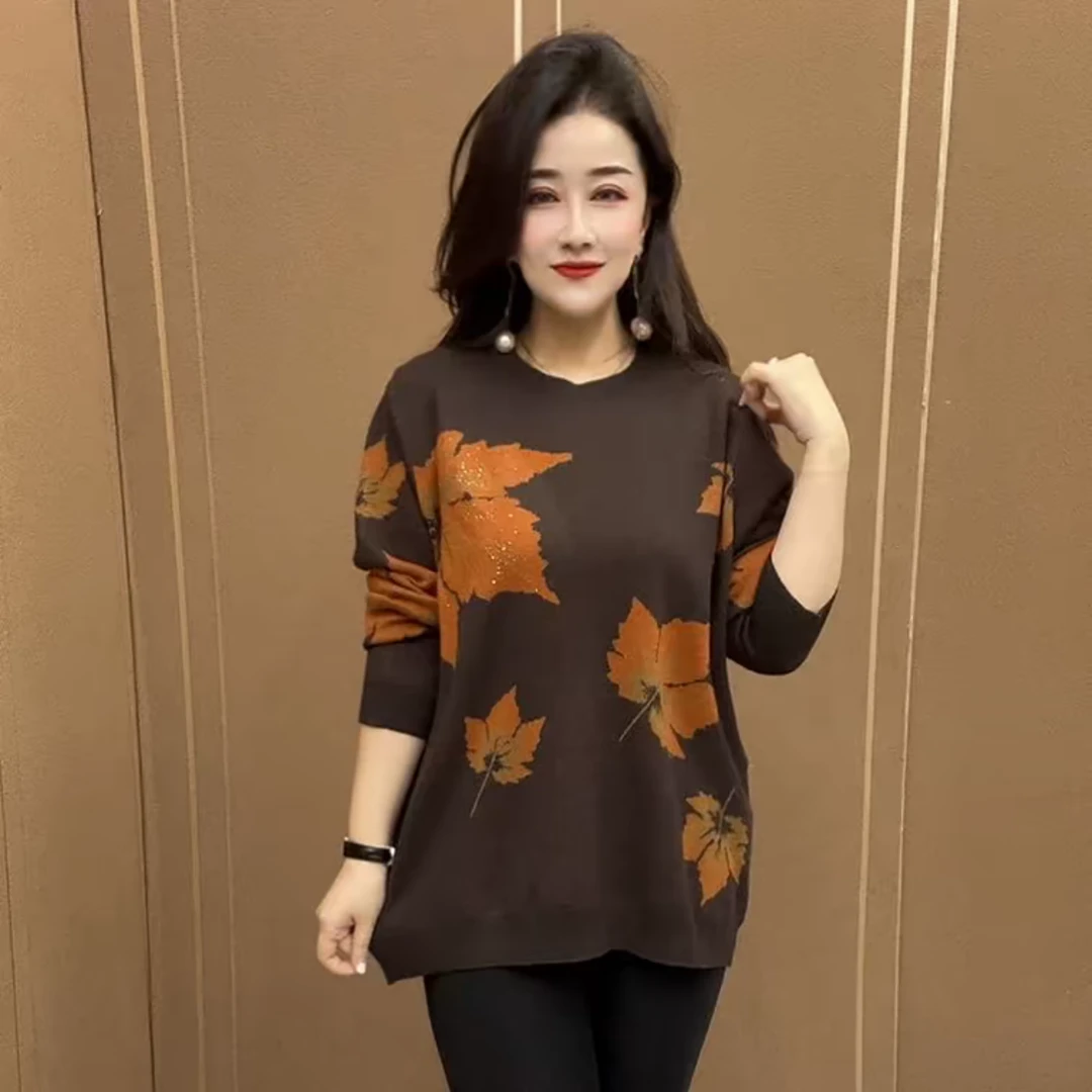 2025春秋新款时尚枫叶中年妈妈针织衫大码宽松遮肚显瘦通勤打底衫