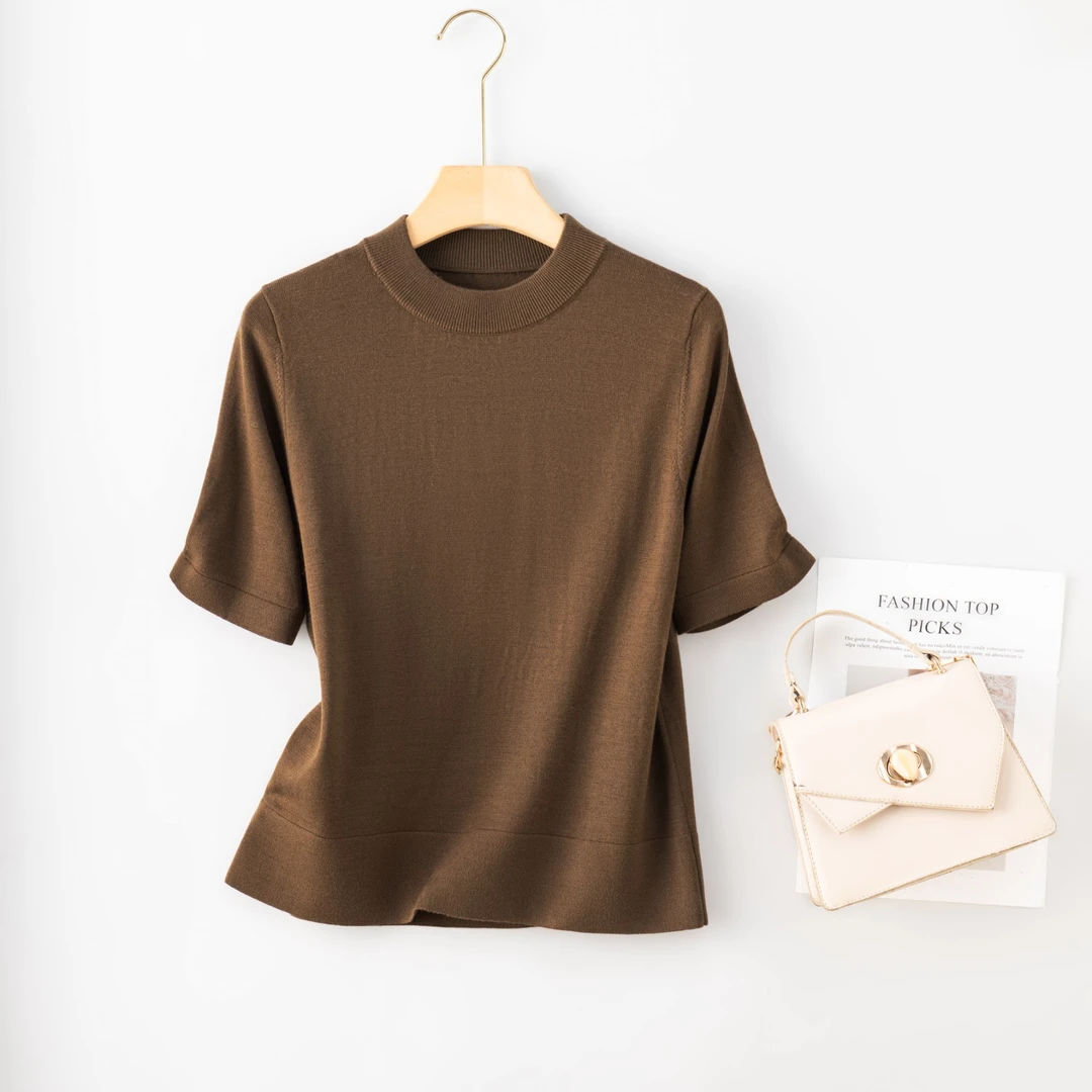 【妮妮精选】新款精纺可机洗全羊毛半截袖针织衫春季薄款打底衫