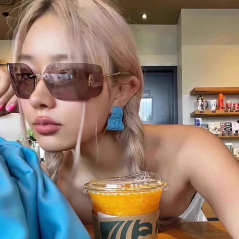 欧美复古大框无框茶色墨镜y2k千禧风张元英同款高级感太阳眼镜女
