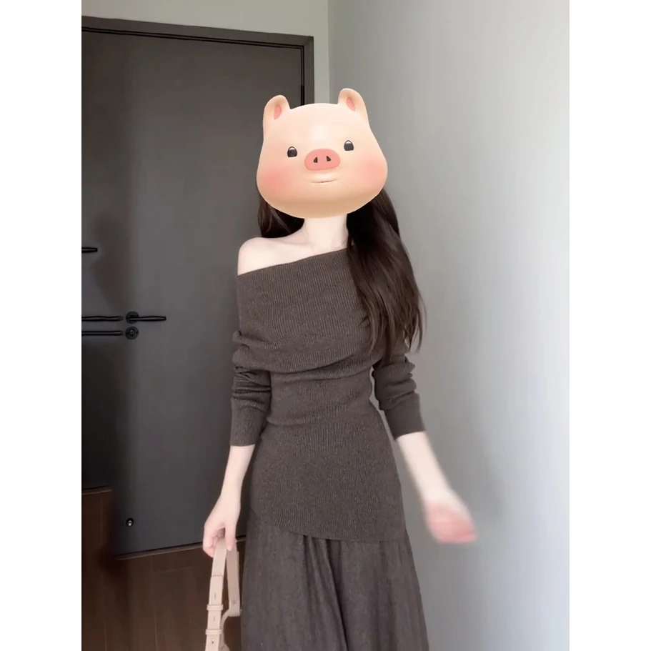 5werkwen rattan系列 两色三穿一字领毛织上衣大A摆半裙针织套装