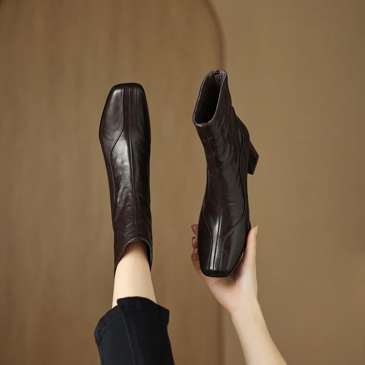 【跟高6CM】高筒里外全真皮时尚百搭方头粗跟秋冬高跟女法式女靴