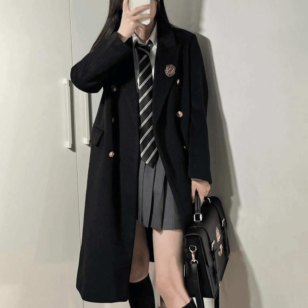 秋冬季JK毛呢大衣女日系西装领双排扣小个子中长款黑色呢子外套
