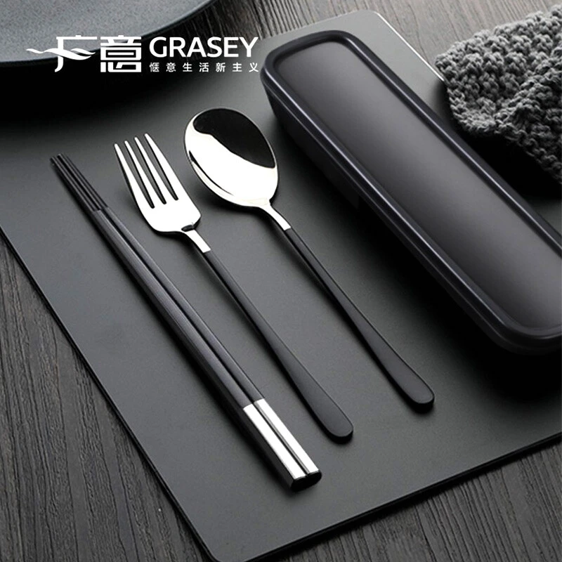 广意304不锈钢勺子叉子合金筷子便携式套装学生旅行便携餐具盒