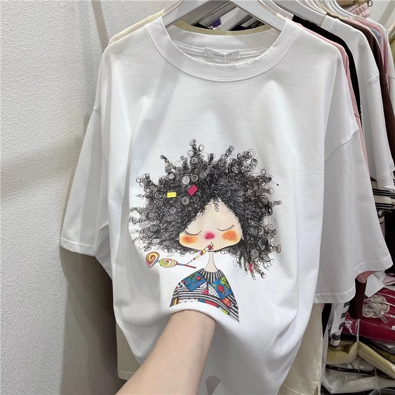 2025夏季新款韩版百搭短袖t恤女小个子宽松大版印花圆领时尚上衣