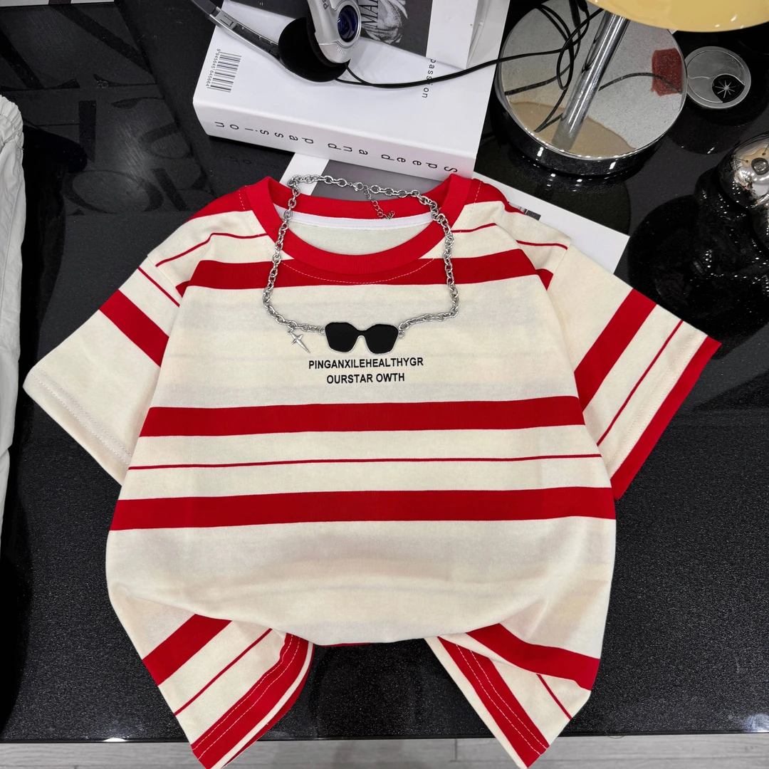 【红红火火】儿童短袖t恤夏装薄款男女童棉条纹T恤宝宝衣服童装夏季