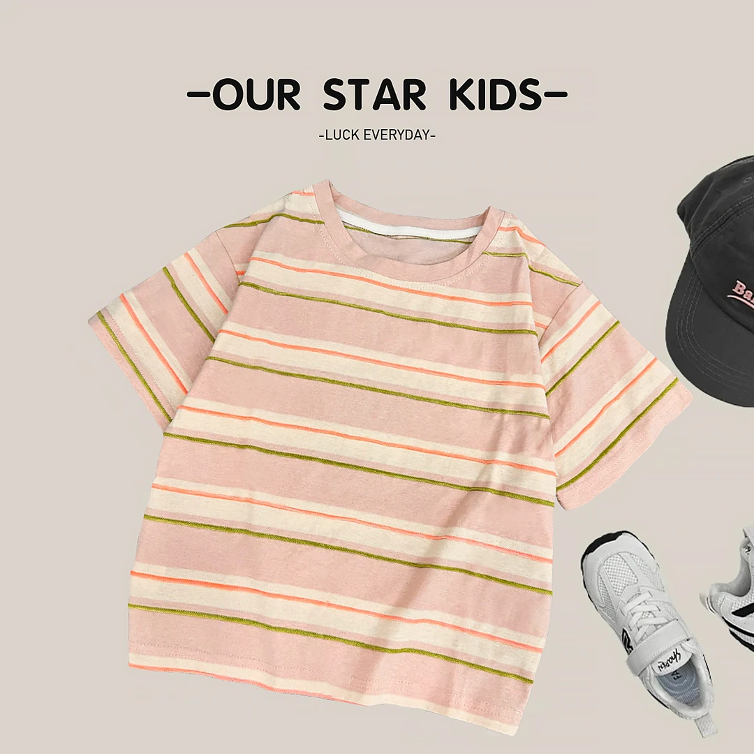 【一杯奶昔】男童韩版简约条纹棉短袖上衣夏季百搭ins风T恤童装
