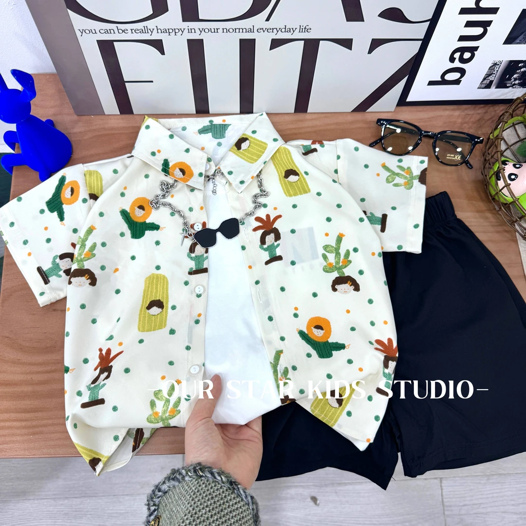 【一颗仙人掌】男童夏季短袖绿色衬衫薄款套装潮童度假风童装