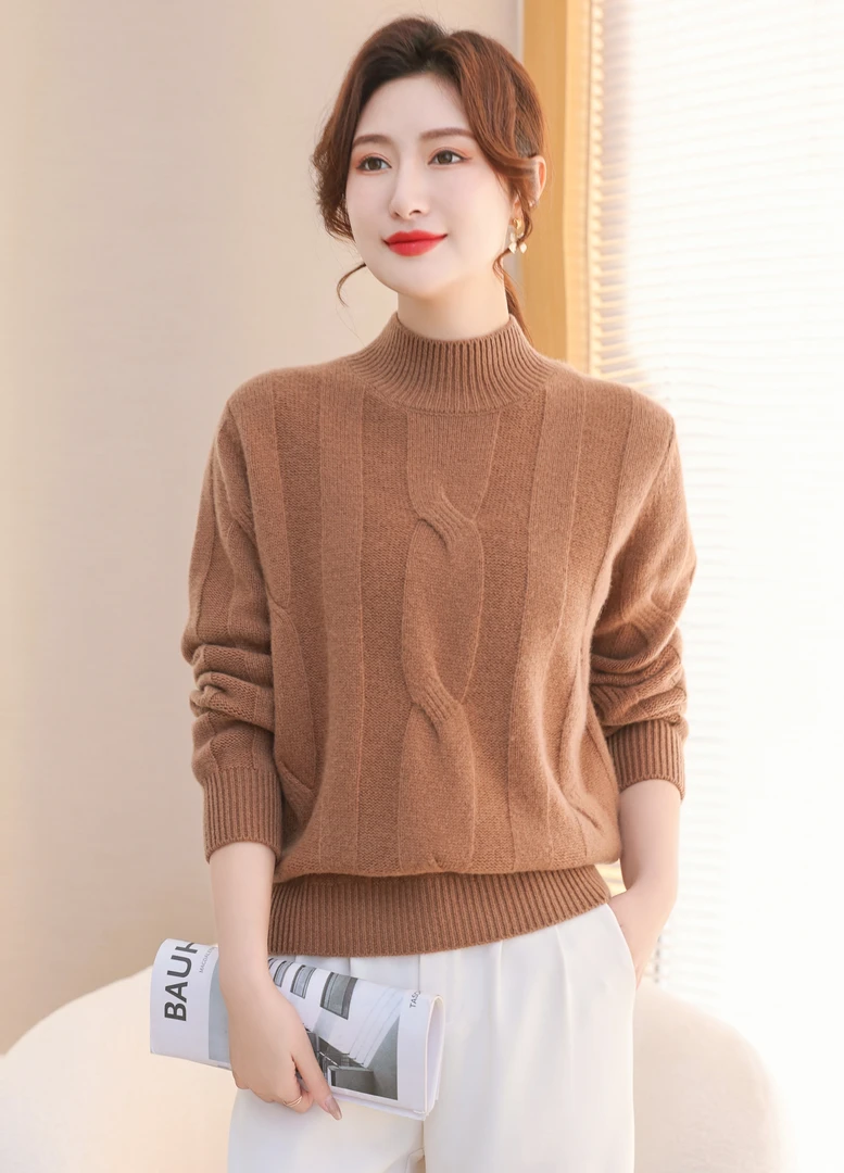 乐久羊毛衫秋冬半高领时尚纯色羊绒衫洋气针织百搭女士宽松加厚