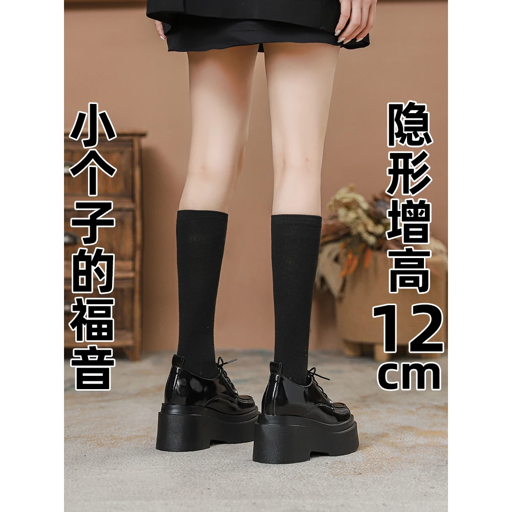 厚底乐福鞋女2024新款秋季英伦风黑色jk粗跟单鞋内系带小皮鞋