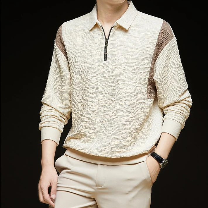 【德国轻奢】秋季男士翻领长袖商务螺纹半拉链T恤抗皱休闲POLO衫潮