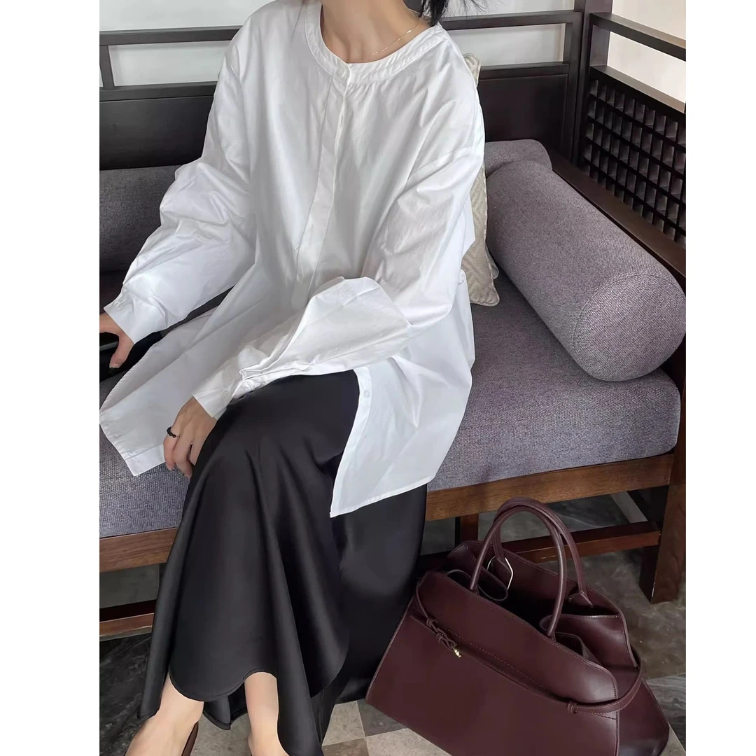 早秋新款法式圆领长袖衬衫女别致隐藏扣轻奢百搭休闲学生衬衣上衣