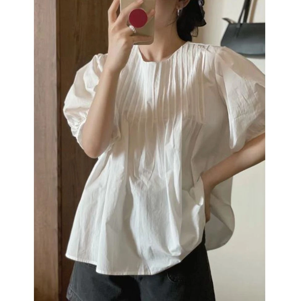 法式夏季新款别致漂亮小衫高级感娃娃衫白色泡泡袖圆领衬衫上衣女