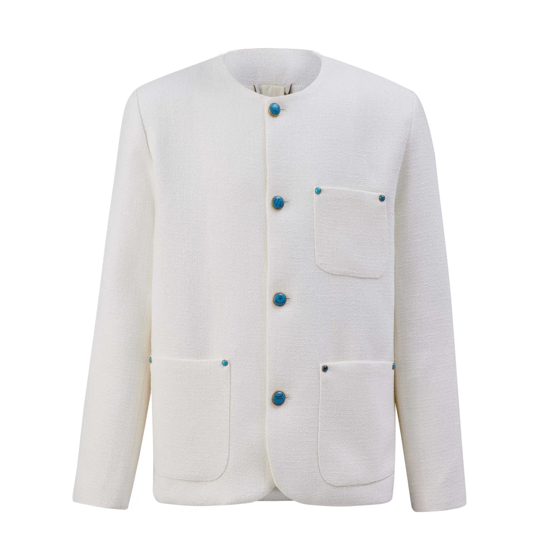 24FW『无领小香风』绿松石小香风男女同款粗花呢短款无领外套轻奢