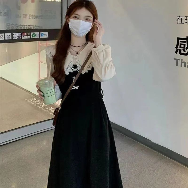 新款大码女装胖妹妹娃娃领花边拼接假两件高腰显瘦连衣裙8524
