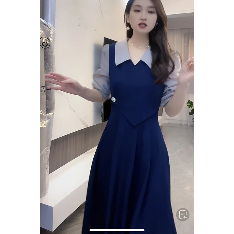 新款连衣裙设计感气质蓝色收腰拼接新款假两件时尚撞色连衣裙7729