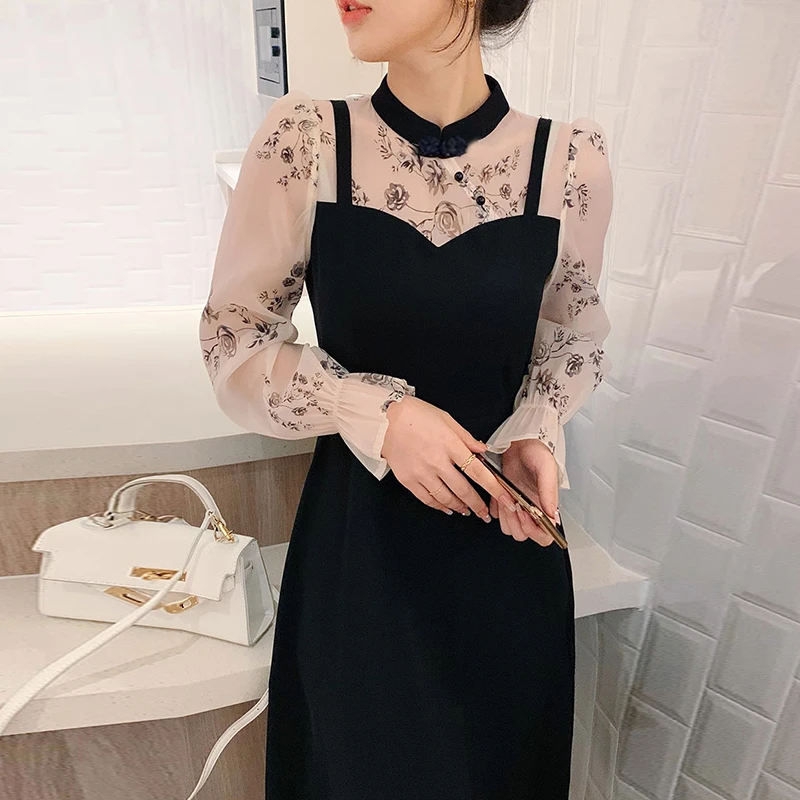 【PJ】连衣裙2025新款拼接国风连衣裙时尚遮肚子显瘦小黑裙 7427