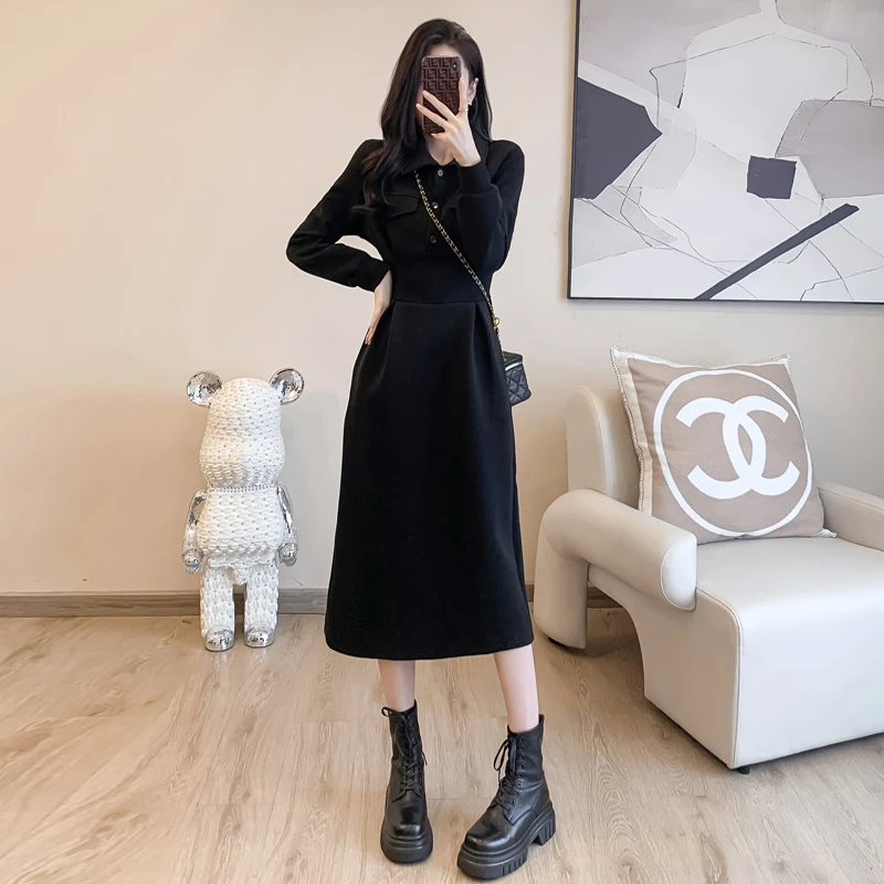 【PJ】赫本风黑色休闲polo韩版修身连衣裙收腰气质高级感裙子6092