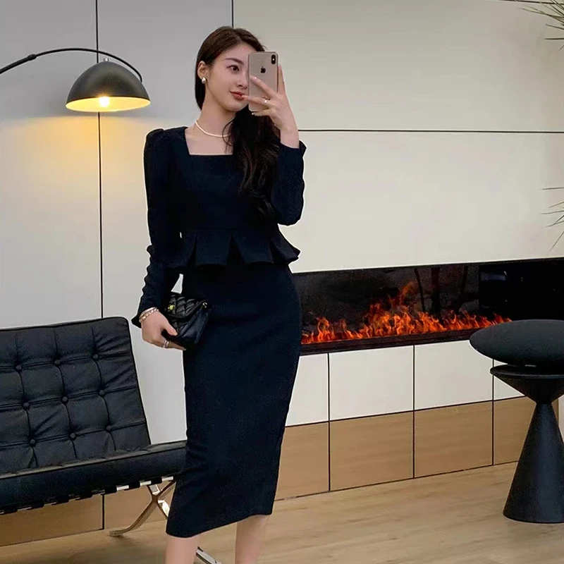 宝藏衣橱新款方领气质赫本风假两件通勤长裙7517