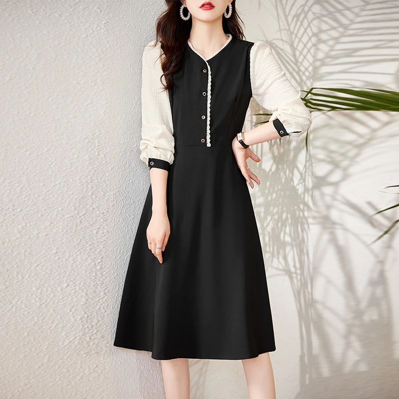 新款拼接长袖黑色连衣裙女2025年新款显瘦时尚气质假两件裙子7537