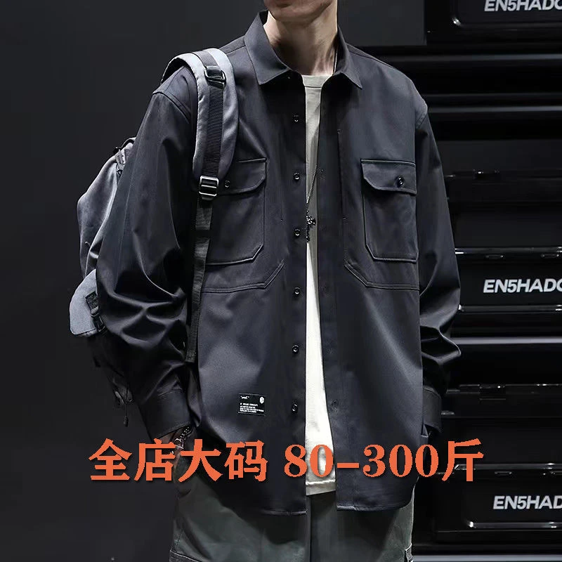 胖子男装潮大码工装衬衫外套男秋季加肥加大男士宽松特大码300斤