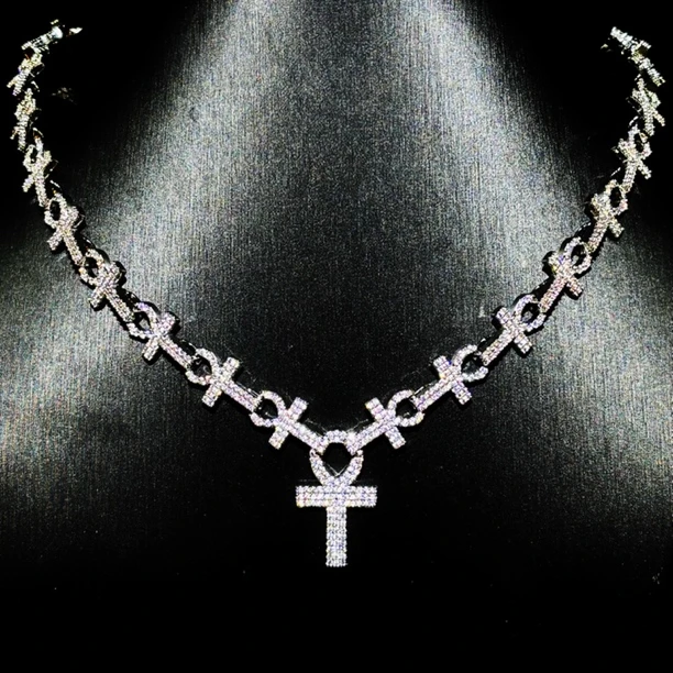 铜合金合成锆石项链 Mr.Blingggggg欧美嘻哈 满钻独特安卡十字架