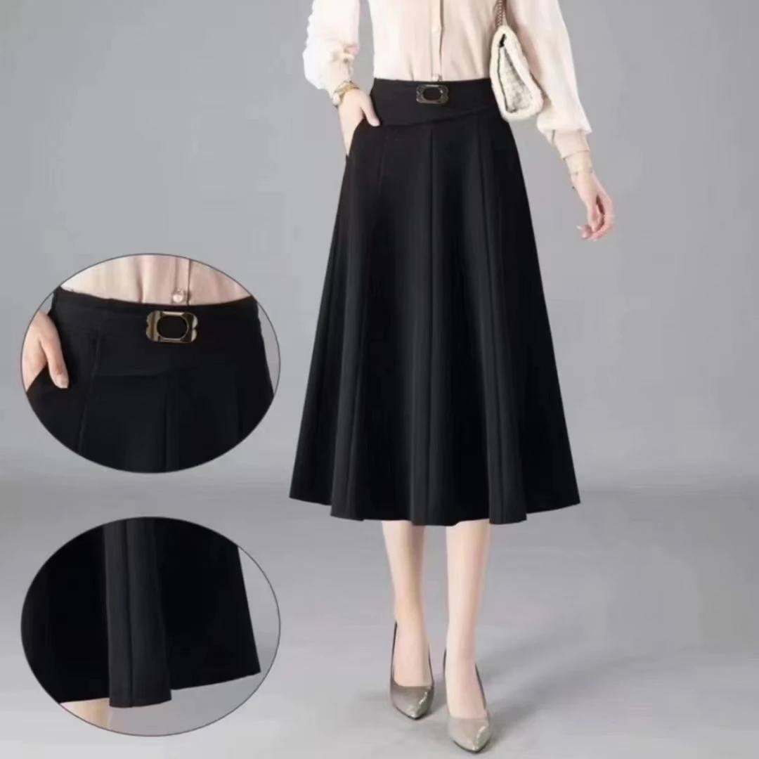 新款春秋百搭中长款高腰松紧带黑色半身裙爆款气质高档洋气A字裙