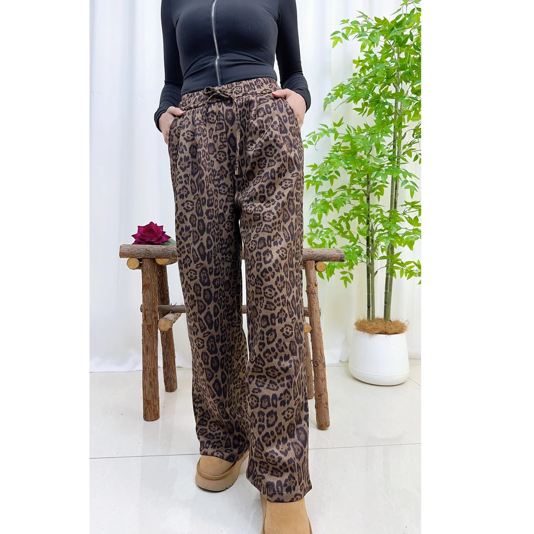 休闲裤秋冬高腰豹纹长裤冬季阔腿裤复古印花时尚加厚休闲