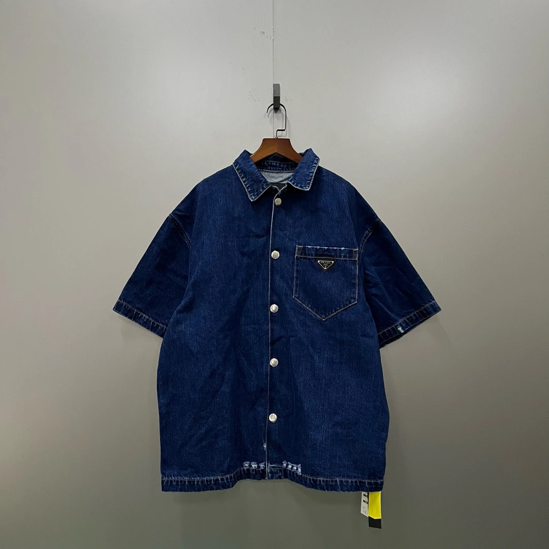 PRADA 普拉达 三角标牛仔短袖衬衫 L码/98新/公价8800/无配件