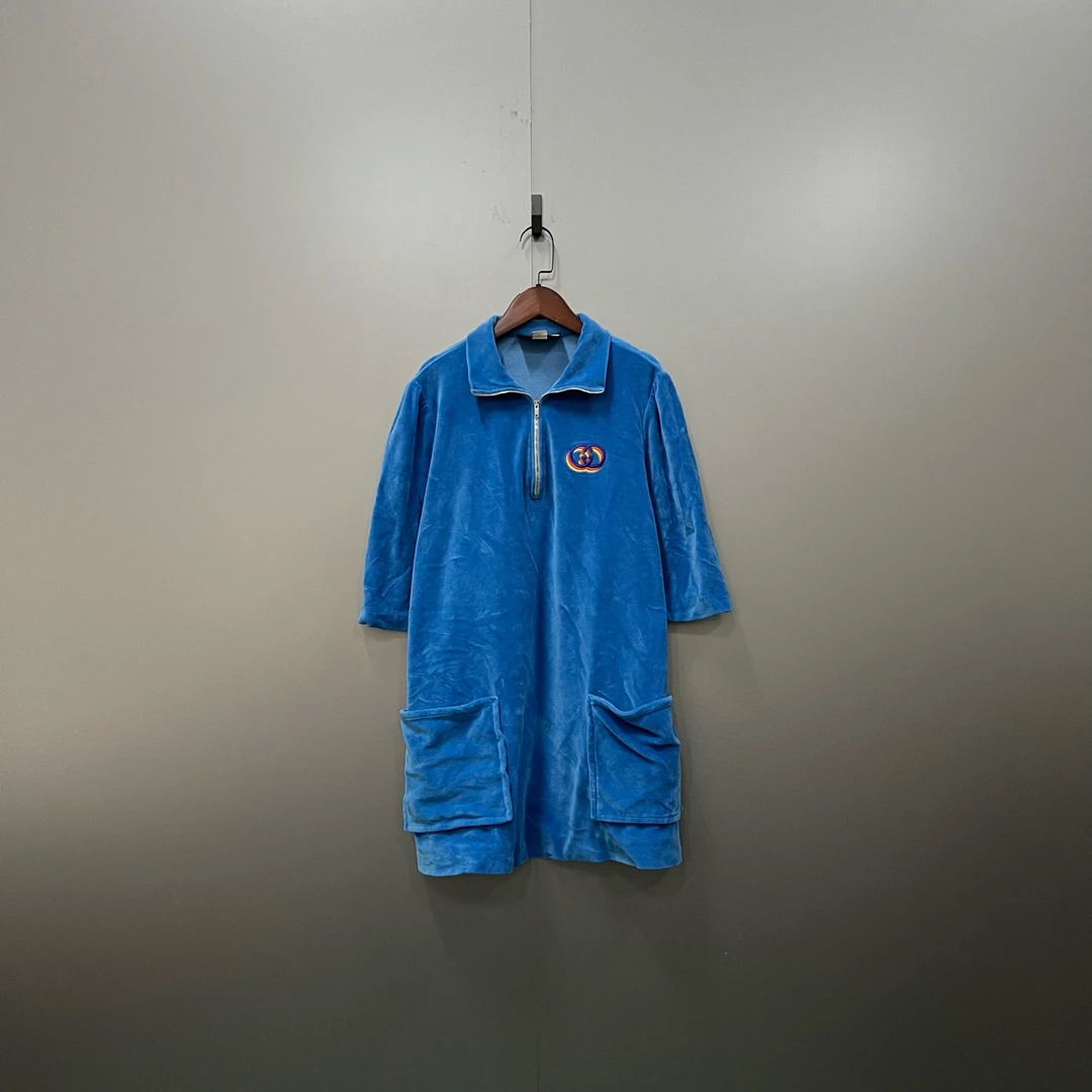 GUCCI 古驰 蓝丝绒印花logo半拉链连衣裙 M码/95新/公价9500