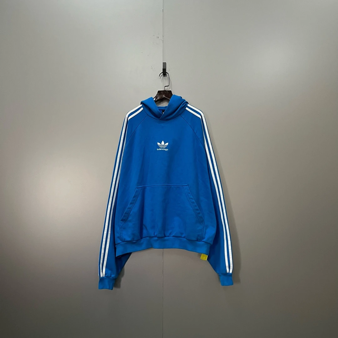 Balenciaga 巴黎世家 × Adidas阿迪达斯 蓝色条纹印花logo帽衫1码