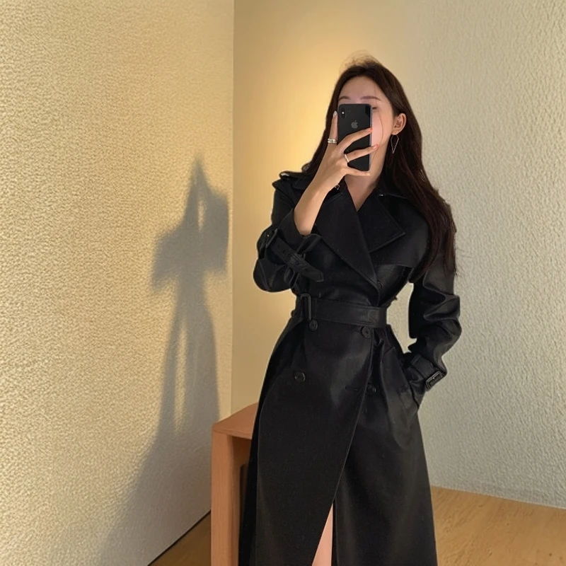 韩版显瘦气质双排扣皮衣风衣中长款过膝系带外套春秋