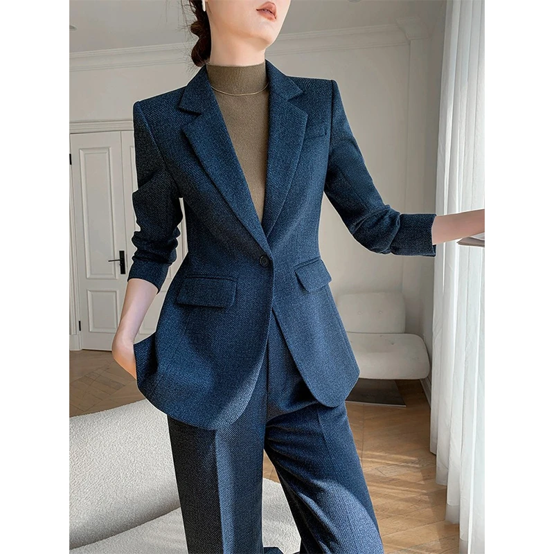 秋冬季新款毛呢西装套装女气质时尚女神范阔腿裤职业正装修身加厚