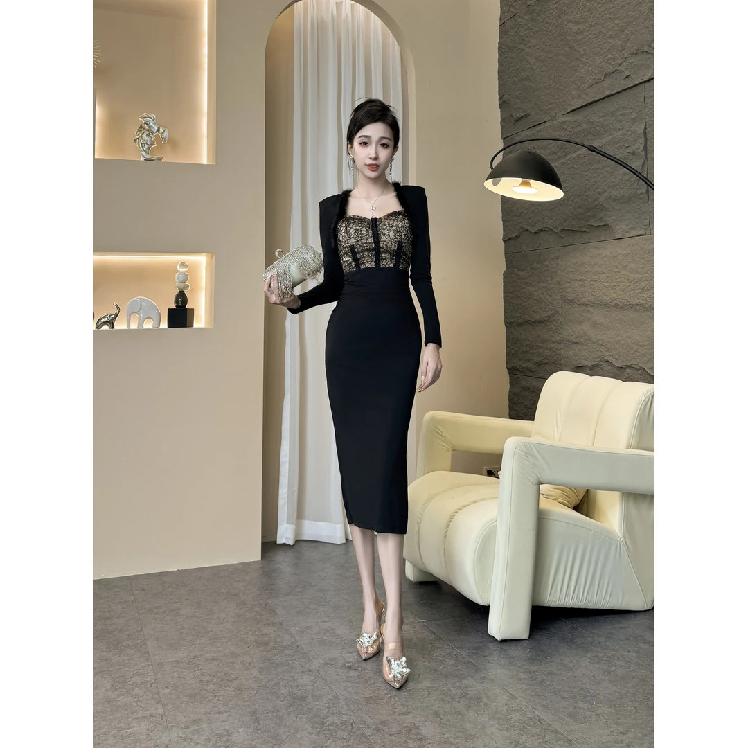 女装连衣裙蕾丝气质长袖时尚性感黑色修身法式长款名媛收腰11008