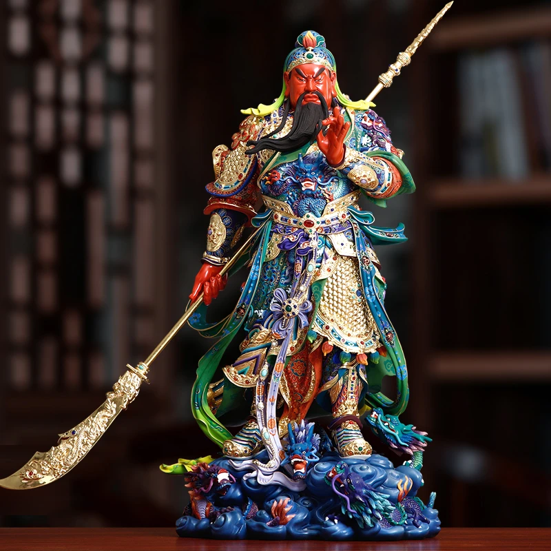 圆通台湾铜彩绘高档九龙关公摆件武财神关羽像商铺开业摆件双十一